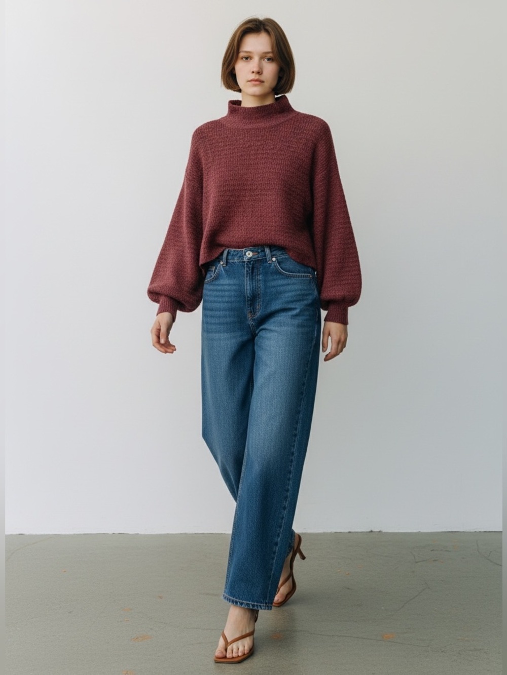 Topshop Balloon Sleeve Roll Neck Sweater  Cropped Burgundy Size 4 Small